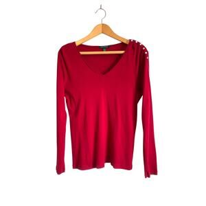 Lauren Ralph Lauren red v-neck long sleeve t-shirt logo buttons cotton solid L